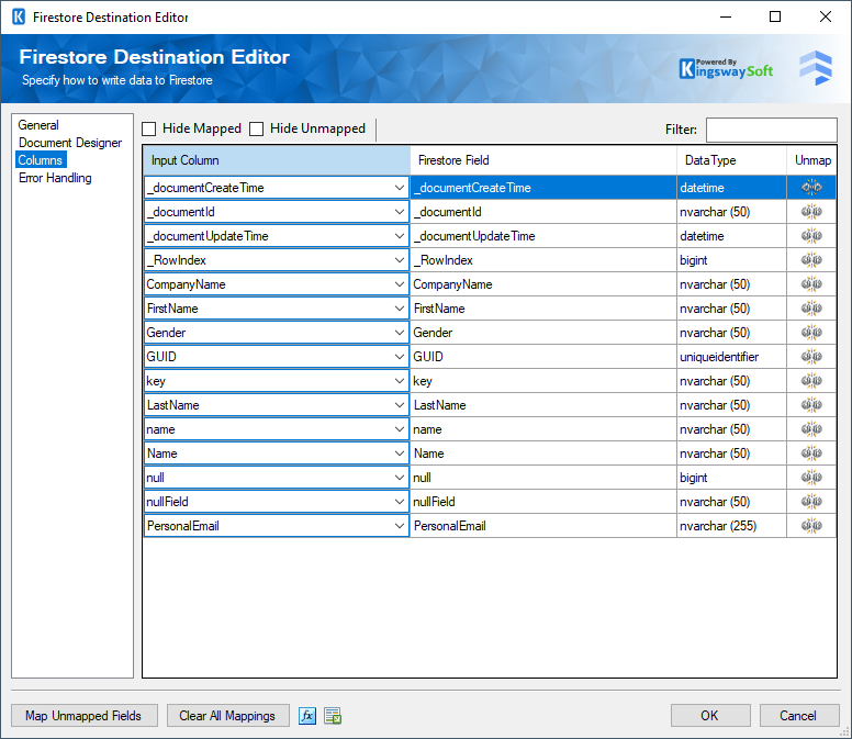 Firestore Destination - Columns